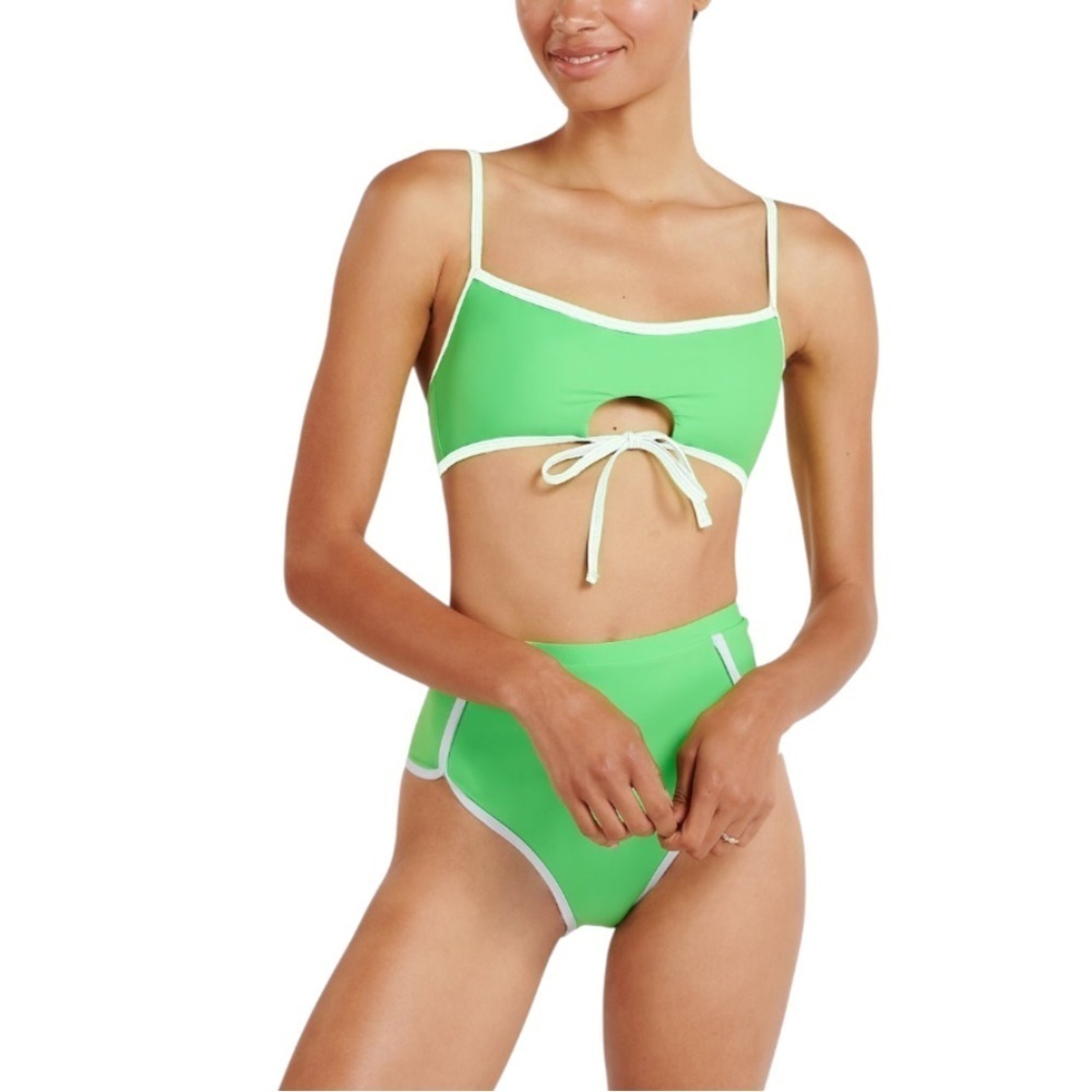 OOKIOH Green and White Bikini Set with Bandeau Top